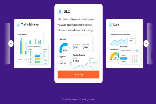 Website screenshot with 3 product widgets. Widgets include charts, graphs and a "Try for free" button. SEO, Traffic & Market and Local are featured.

