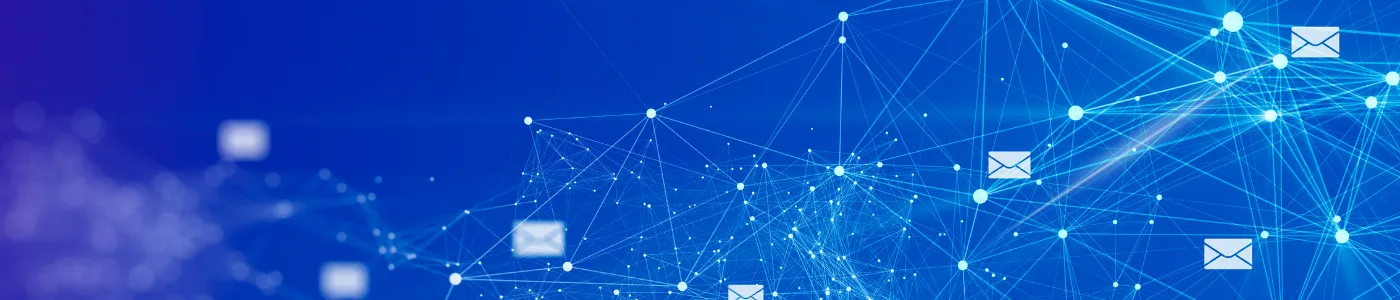 لافتة تقنية زرقاء مع عقد شبكة وأيقونات مغلفة. تُشير إلى الاتصالات الرقمية والشبكات ونقل البيانات.