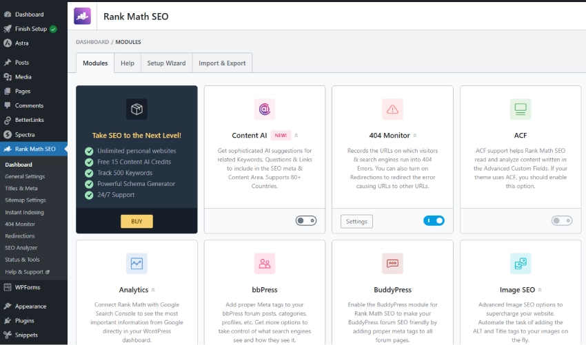 لقطة شاشة لخيارات وحدة إضافة Rank Math SEO. تتضمن عناصر مثل Content AI، و404 Monitor، وAnalytics، وInstant Indexing (الفهرسة الفورية) مع خيارات تفعيل.