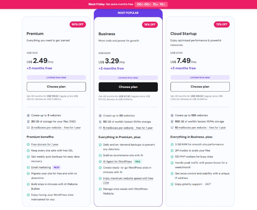 Website pricing plans are displayed in three columns: Premium, Business (most popular), and Cloud Startup. Each tier lists features, storage, mailboxes, and benefits.

