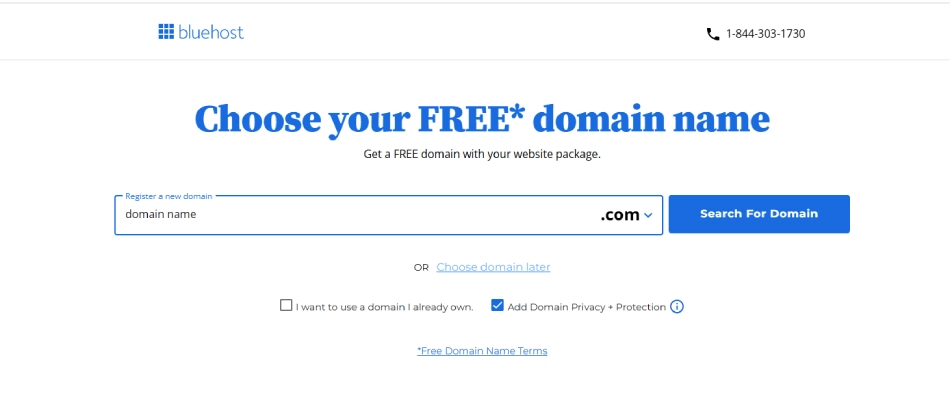 تقدم هذه الصورة من بلوهوست اسم نطاق مجانيًا مع باقة موقع إلكتروني. يمكنك تسجيل نطاق مجاني على '.com' مع خيار استخدام نطاق مملوك مسبقًا أو إضافة حماية وخصوصية النطاق.