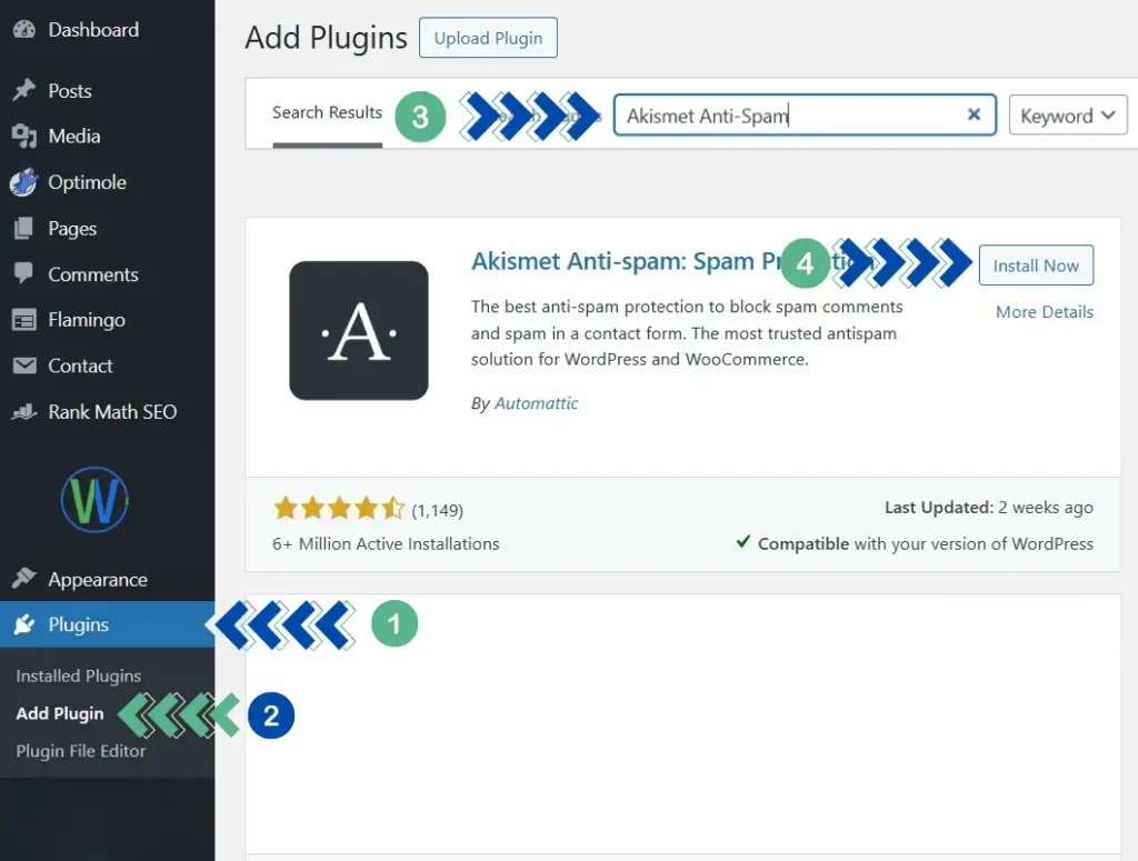 لوحة تحكم تعرض خيارات الإضافات. تظهر صفحة "إضافة إضافات"، مع شريط بحث، وإضافة "Akismet Anti-spam". الأرقام متراكبة، مع عرض قائمة التنقل بالأرقام 1، 2، 3، 4.