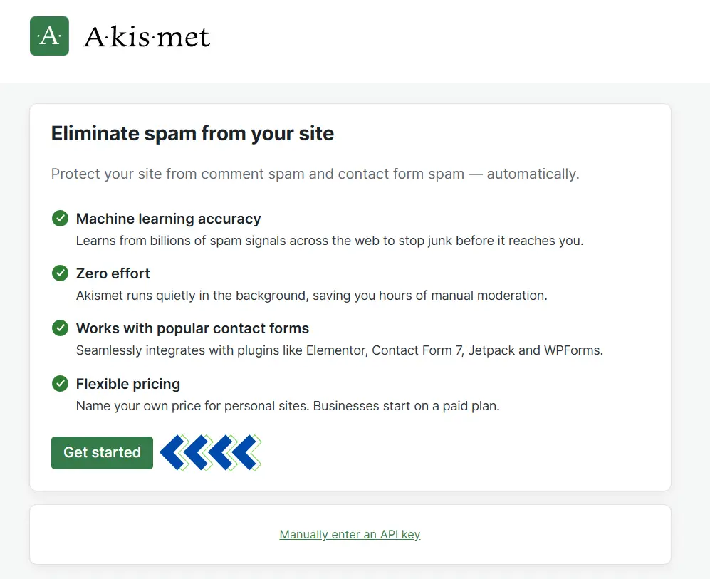 هذه الصورة لقطة شاشة لبرنامج أكيسميت، برنامج مكافحة البريد العشوائي، من أحد المواقع الإلكترونية. يظهر الشعار في الزاوية العلوية اليسرى، وعنوان "تخلص من البريد العشوائي من موقعك"، وزر "ابدأ".