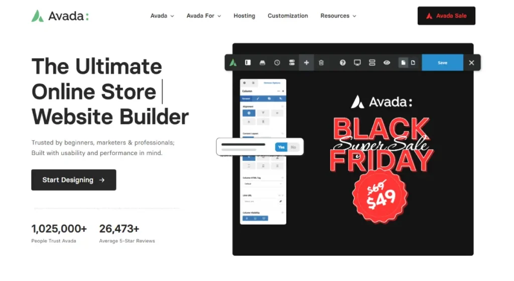 صورة الموقع الإلكتروني لبرنامج إنشاء مواقع الويب Avada، المخصص لبناء المتاجر الإلكترونية. كما أُعلن عن تخفيضات الجمعة السوداء الكبرى، من 69 إلى 49.