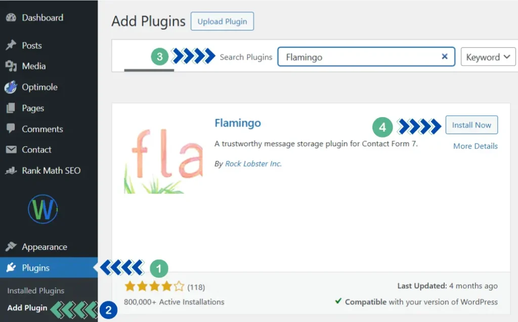 هذه لقطة شاشة لموقع إلكتروني، وتحديدًا صفحة "إضافة إضافات" في ووردبريس. يظهر ملحق "فلامنغو" مع خيارات تثبيت وعرض تفاصيله.