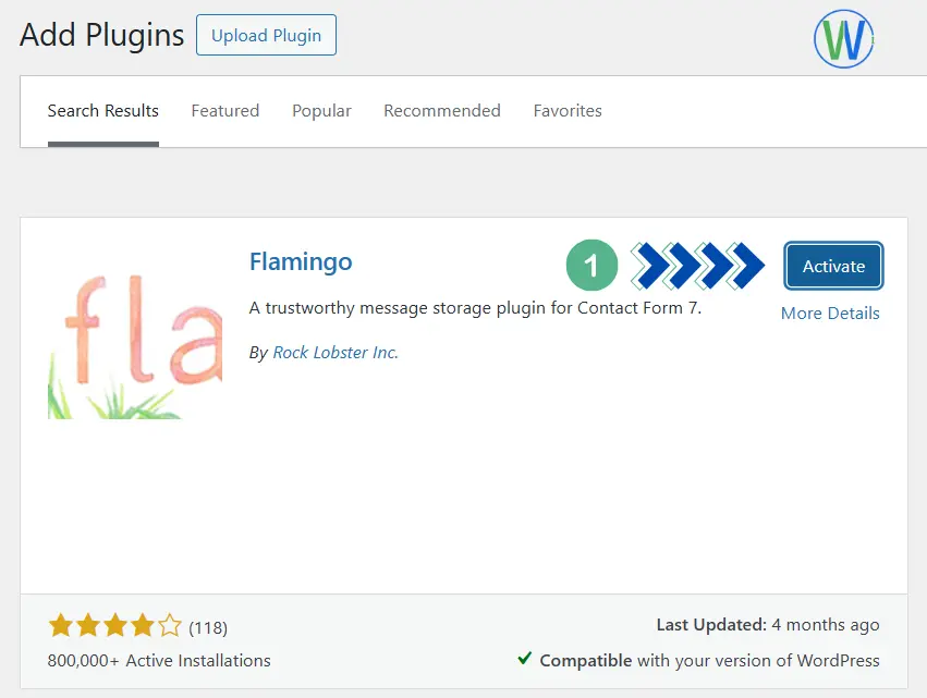 الصورة عبارة عن صفحة إضافات ووردبريس. إنها صفحة "إضافة إضافات" حيث يمكن للمستخدم البحث عن إضافات جديدة وتحميلها وتفعيلها. في هذه الحالة، تظهر إضافة "فلامينجو" جاهزة للتفعيل.