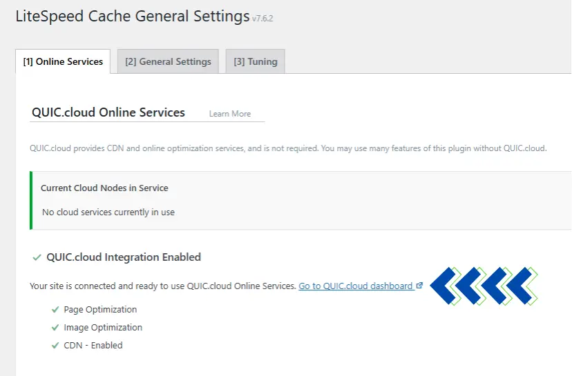 تُظهر هذه الصورة لوحة إعدادات موقع إلكتروني بعنوان "الإعدادات العامة لذاكرة التخزين المؤقت LiteSpeed". تُظهر إعدادات الخدمات عبر الإنترنت، بما في ذلك تكامل QUIC.cloud المُفعّل، بالإضافة إلى خيارات التحسين. "الإعدادات العامة لذاكرة التخزين المؤقت LiteSpeed ​​الإصدار 7.6.2 [1] الخدمات عبر الإنترنت [2] الإعدادات العامة [3] ضبط خدمات QUIC.cloud عبر الإنترنت".