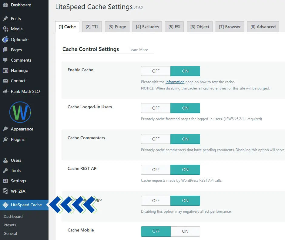 تُظهر الصورة إعدادات ذاكرة التخزين المؤقت LiteSpeed ​​مع علامات تبويب مثل ذاكرة التخزين المؤقت، وTTL، وPurge، وAdvanced. ضمن إعدادات التحكم في ذاكرة التخزين المؤقت، تم تفعيل خيارات: تفعيل ذاكرة التخزين المؤقت، والمستخدمون المسجلون في ذاكرة التخزين المؤقت، ومعلقو ذاكرة التخزين المؤقت. تشمل الإعدادات الأخرى واجهة برمجة تطبيقات ذاكرة التخزين المؤقت REST، وصفحة تسجيل الدخول إلى ذاكرة التخزين المؤقت، وذاكرة التخزين المؤقت للجوال.