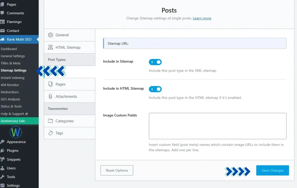 تعرض هذه الصورة لوحة إعدادات خريطة موقع Rank Math SEO على موقع ويب. تتضمن الإعدادات عنوان URL لخريطة الموقع، بما في ذلك المنشورات في خرائط مواقع XML وHTML، وحقول الصور المخصصة، مما يتيح تخصيصًا لتحسين محركات البحث.