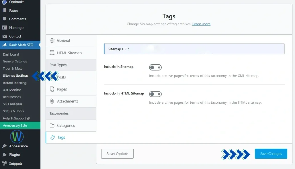 تُظهر هذه الصورة موقع ووردبريس وإعدادات إضافة Rank Math SEO الخاصة به. الإعدادات المعروضة هي "الوسوم" ضمن إعدادات خريطة الموقع، وتُظهر خيارات "عنوان URL لخريطة الموقع"، و"التضمين في خريطة الموقع"، و"التضمين في خريطة موقع HTML".