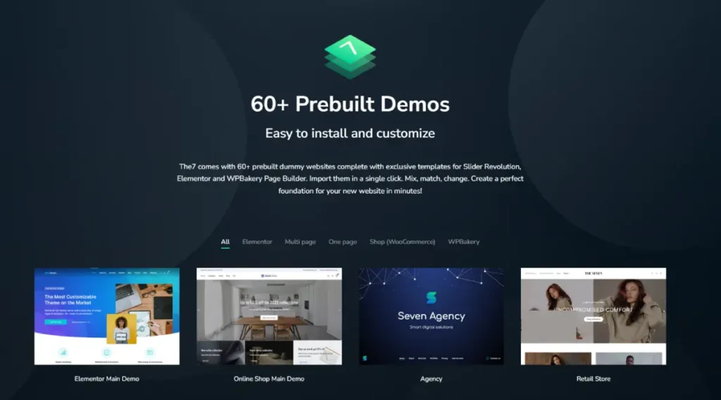 لقطة شاشة لموقع ويب يعرض تخطيطات تجريبية متعددة. "أكثر من 60 عرضًا تجريبيًا جاهزًا، سهل التثبيت والتخصيص" معروضة أعلى لقطات شاشة لعروض تجريبية مختلفة لمواقع ويب مثل "العرض التجريبي الرئيسي لـ Elementor" و"متجر التجزئة".