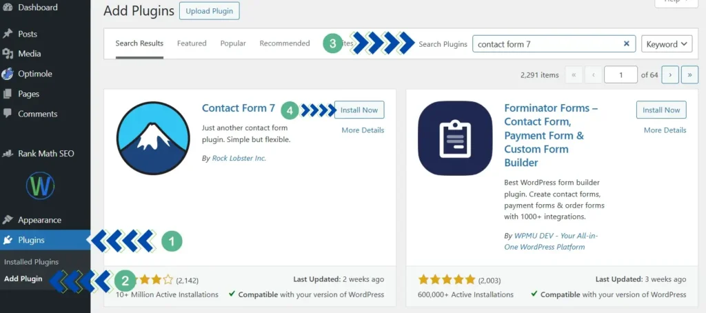هذه لقطة شاشة لصفحة "إضافة إضافات" في ووردبريس، والتي تتضمن شريط بحث بعنوان "نموذج الاتصال 7". تُعرض قائمة بنتائج البحث مع خيارات لتثبيت أو قراءة تفاصيل إضافات "نموذج الاتصال 7" و"نماذج فورميناتور".