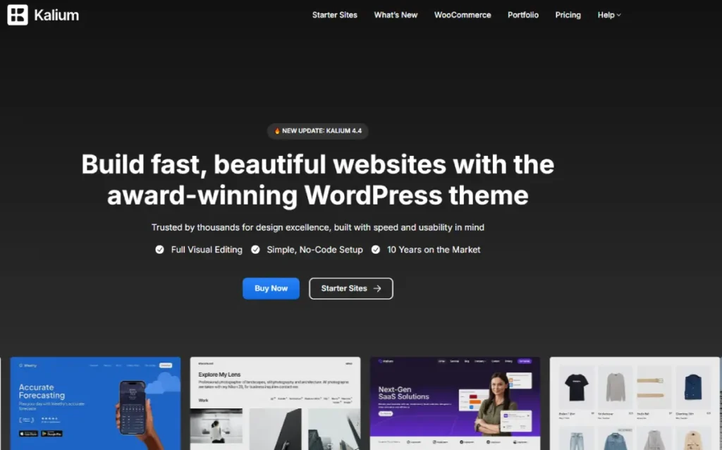 يُسلِّط موقع Kalium الضوء على قالب ووردبريس الخاص به. تُظهر خلفية داكنة عبارة "أنشئ مواقع ويب سريعة وجميلة باستخدام قالب ووردبريس الحائز على جوائز".