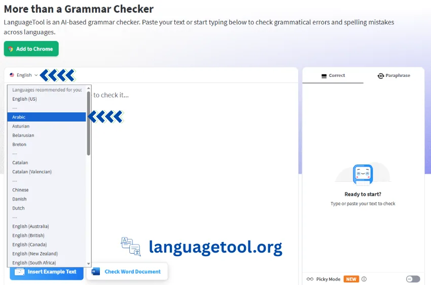 يتيح لك موقع LanguageTool تدقيق قواعد اللغة لعدة لغات. تعرض القائمة المنسدلة "الإنجليزية" خيارات متنوعة، بما في ذلك العربية والهولندية والصينية. "LanguageTool هو مدقق قواعد نحوية قائم على الذكاء الاصطناعي. الصق نصك أو ابدأ الكتابة أدناه للتحقق من الأخطاء النحوية والإملائية في مختلف اللغات".