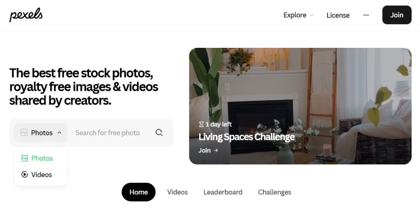 يُعرض موقع بيكسلز، حيث تُشارك الصور الفوتوغرافية المجانية، والصور الخالية من حقوق الملكية، ومقاطع الفيديو. يتوفر شريط بحث للصور، بالإضافة إلى خيارات للاستكشاف والترخيص والانضمام. يُعرض أيضًا تحدي المساحات المعيشية، ولم يتبقَّ سوى يوم واحد.