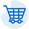 الصورة عبارة عن رسم تخطيطي بسيط لعربة تسوق. باللون الأزرق مع إطار أبيض، متمركز على خلفية سوداء. أيقونة رائعة للتجارة الإلكترونية.