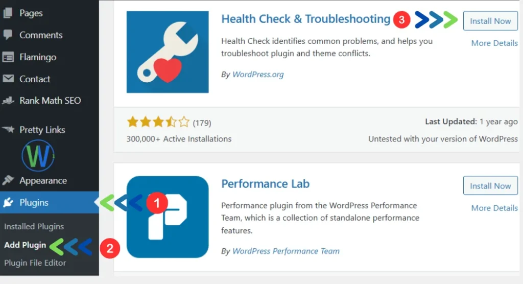 قائمة ووردبريس التي تُظهر خيار "الإضافات" مُفعّلاً، وأسفله مُفعّل "إضافة إضافة". يظهر خياران للإضافات: "فحص السلامة واستكشاف الأخطاء وإصلاحها" و"مختبر الأداء".