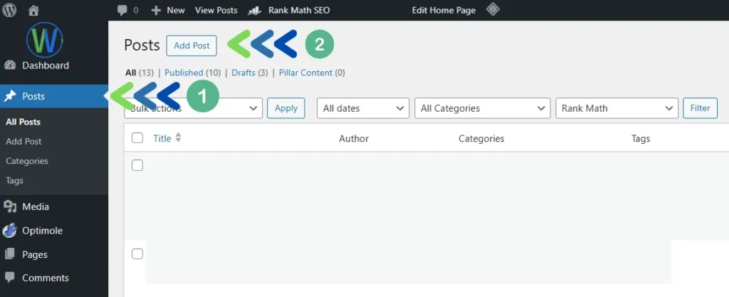 لقطة شاشة للوحة تحكم ووردبريس، مع التركيز على قسم "المنشورات". تشير الأسهم إلى "الإجراءات المجمعة" وخيار "إضافة منشور". يتضمن النص: "الكل (13)، المنشور (10)، المسودات (3)، المحتوى الرئيسي (0)".