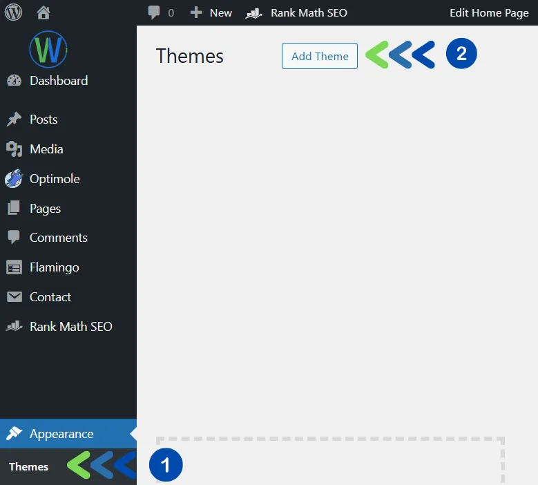لقطة شاشة للموقع الإلكتروني مع إبراز خيارات المظهر في الشريط الجانبي. تعرض الصفحة السمات مع خيار "إضافة سمة" وأسهم مرقمة.