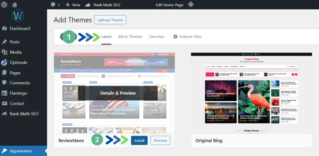لقطة شاشة لشاشة إضافة قالب ووردبريس. يظهر قالبان من قوالب ووردبريس: ReviewNews وOriginal Blog. كلٌّ منهما يتيح خيار التثبيت أو المعاينة.
