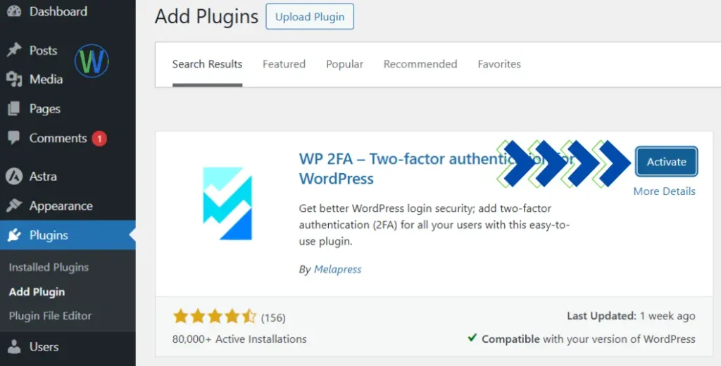 هذه لقطة شاشة من لوحة إدارة ووردبريس، تُظهر قسم "إضافة إضافات". يظهر هنا إضافة ووردبريس 2FA، التي تُوفر مصادقة ثنائية العوامل لتعزيز الأمان.
