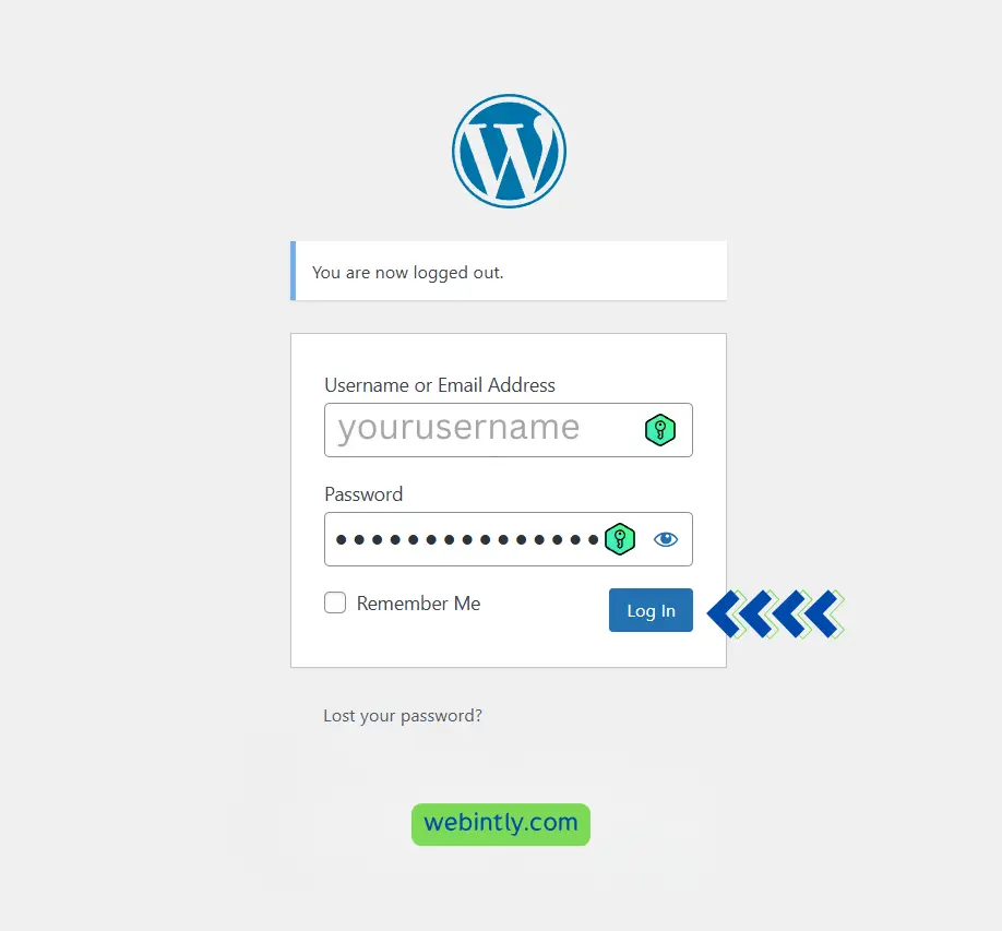 شاشة تسجيل دخول ووردبريس مع شعار وتنبيه: "تم تسجيل خروجك الآن". تحتوي الصفحة على حقول نصية لاسم المستخدم وكلمة المرور، مع زر "تسجيل الدخول" أسفلها.