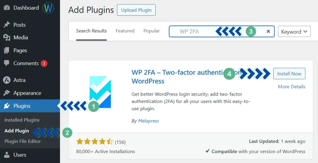 لقطة شاشة لصفحة إضافة الإضافات في ووردبريس. جاري تثبيت إضافة WP 2FA، وهي إضافة للمصادقة الثنائية. "إضافة إضافات، إضافة تحميل، WP 2FA - مصادقة ثنائية".