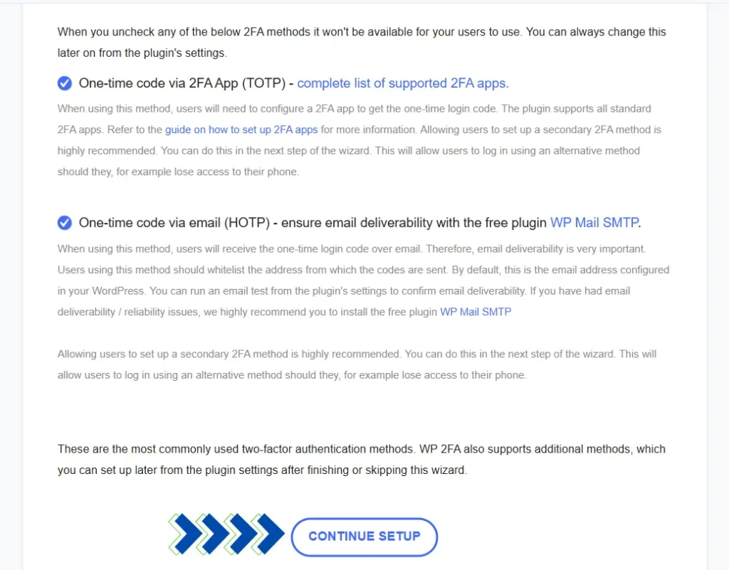 لقطة شاشة من موقع إلكتروني تُظهر إعدادات المصادقة الثنائية. خياران مُختاران مسبقًا: تطبيق المصادقة الثنائية والبريد الإلكتروني، ويوجد زر "متابعة الإعداد" في الأسفل.