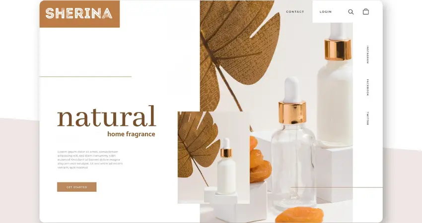 موقع إلكتروني متخصص في معطرات الجو المنزلية الطبيعية، بتصميم مقسم إلى قسمين. على اليسار، شعار "شيرينا"، وكلمة "طبيعي"، ونص وصفي، وعلى اليمين، صورة المنتج.