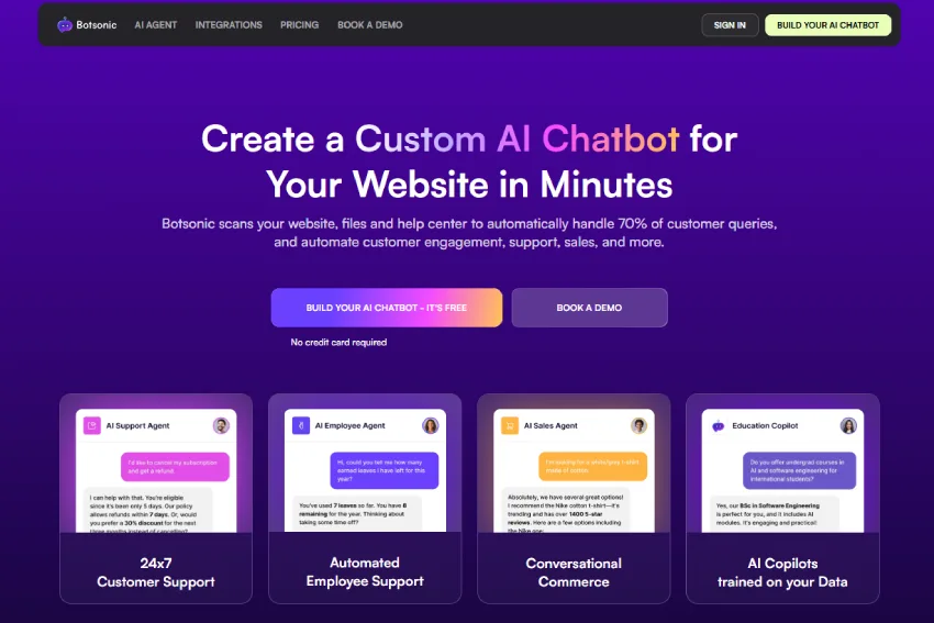 صفحة ويب تعرض تصميمًا جذابًا لواجهة المستخدم. يظهر العنوان الرئيسي "إنشاء روبوت محادثة مخصص يعمل بالذكاء الاصطناعي لموقع الويب الخاص بك في دقائق" بخط أبيض كبير وواضح على خلفية متدرجة أرجوانية عميقة. يتم وصف قدرات Botsonic أسفل العنوان. توجد أزرار "إنشاء روبوت الدردشة الخاص بك - مجاني" و"حجز عرض توضيحي" في منتصف الصفحة. أسفل ذلك، تعرض أربعة مربعات واجهة مستخدم بأمثلة لروبوتات الدردشة المختلفة: وكيل دعم الذكاء الاصطناعي، ووكيل الموظفين، ووكيل المبيعات، والطيار المساعد للتعليم. تعرض كل مربع صورة مصغرة لامرأة، وتقدم وصفًا موجزًا. تتوفر هذه المربعات على خلفية أرجوانية. تضيء الأزرار وعناصر أخرى باللون الأصفر والأخضر، مما يوفر تباينًا ملحوظًا. شعار "Botsonic" يظهر في الزاوية اليسرى العليا، إلى جانب خيارات أخرى. تظهر الألوان بشكل مشرق وودي، مما يوفر جوًا احترافيًا وتكنولوجيًا.