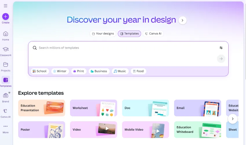 واجهة موقع إلكتروني، مركزة في الإطار، بألوان زاهية و تصميم نظيف. تظهر الواجهة بصفحة رئيسية لموقع "Canva" مع عنوان "Discover your year in design" في الأعلى. يتضمن التصميم شريط بحث لعرض القوالب، مع علامات تبويب مثل "Your designs" و "Templates" و "Canva AI". أسفل شريط البحث، توجد مربعات مستطيلة تعرض نماذج مختلفة مثل "Education Presentation"، "Worksheet"، "Poster"، "Video"، و "Mobile Video". الخلفية تتدرج من الألوان الأرجواني الفاتح إلى الأزرق الفاتح. الإضاءة طبيعية و ناعمة، مما يبرز تفاصيل واجهة المستخدم. الزوايا مدورة و التصميم بسيط و عصري. يظهر شعار "Canva AI" في الزاوية اليسرى السفلية. تُعطي الصورة إحساسًا بالسهولة و الإبداع و سهولة الاستخدام.