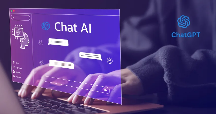 يظهر على شاشة حاسوب محمول يدا شخص يكتب على لوحة المفاتيح، مع عبارة "Chat AI" مكتوبة فوق الصورة. ويظهر شعار ChatGPT في الزاوية.
