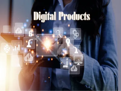 نص "المنتجات الرقمية" مُضاف فوق صورة امرأة تستخدم جهازًا لوحيًا مع أيقونات منتجات رقمية متنوعة. تشمل هذه الأيقونات التخزين السحابي، والتحليلات، والأمان.