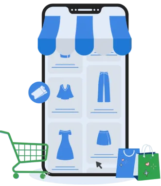 الربح من التدوين, مشهد هاتف ذكي متجر ملابس إلكترونيًا. تظهر عربة تسوق وأكياس تسوق في الأسفل، دلالةً على إتمام عملية شراء.