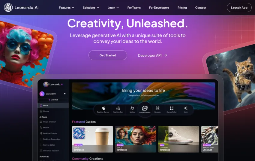 واجهة موقع ويب رقمية تعرض منصة "Leonardo.Ai"، مع تصميم جذاب ومرئي. تسيطر على الخلفية تدرجات أرجوانية وزرقاء، مع صورة لامرأة شابة ذات شعر وردي وأزرق، ترتدي نظارات شمسية زرقاء. يظهر شعار "Leonardo.Ai" في الزاوية العلوية اليسرى. توجد أيضًا صورة لقطة برتقالية اللون ترتدي حزامًا وتحلق في الفضاء. يتم عرض واجهة تطبيق Leonardo.Ai على شاشة جهاز لوحي في المقدمة، مع قائمة أدوات على اليسار وواجهة مستخدم بأسلوب عصري. تشتمل الصفحة على أزرار "Get Started" و "Developer API". تظهر في أسفل الصفحة بعض "Featured Guides" و "Community Creations". الإضاءة مشرقة ومتوهجة، مع ألوان زاهية ونابضة بالحياة. المنظر العام جذاب ويهدف إلى إبراز سهولة الاستخدام والإبداع الذي توفره المنصة.