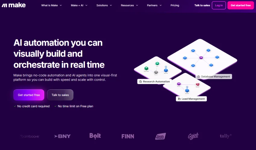 صفحة ويب حديثة بتصميم نظيف وجذاب. يغلب عليها اللون الأرجواني الداكن كلون أساسي، مع خطوط بيضاء وألوان أخرى زاهية لإبراز المعلومات. في الجزء العلوي، يظهر شعار "make" باللون الأبيض، بالإضافة إلى قائمة التنقل التي تتضمن خيارات مثل "What is Make"، "Make + AI"، و"Partners". العنوان الرئيسي "Al automation you can visually build and orchestrate in real time" يظهر بخط واضح باللون الأبيض في الجزء العلوي الأوسط. أسفل العنوان، يوجد نص وصفي يوضح خدمات الشركة. تظهر أزرار "Get started free" و "Talk to sales" باللونين الأرجواني الوردي والرمادي الداكن على التوالي. تظهر أيقونات صغيرة مع علامات تحقق باللون الأبيض. في الزاوية العلوية اليمنى، يوجد زر "Log in" باللون الأبيض وزر "Get started free" باللون الوردي. يظهر في الجزء العلوي الأيمن أشكال ثلاثية الأبعاد على شكل مربعات بيضاء ذات زوايا مستديرة، تحتوي على دوائر متصلة ببعضها البعض، بألوان مختلفة، وتظهر عليها أسماء مثل "Research Automation" و "Database Management". في الجزء السفلي من الصفحة، تظهر شعارات لشركاء الشركة. الإضاءة طبيعية، والظلال قليلة، مما يعطي مظهرًا عصريًا. تهدف الصفحة إلى جذب الزوار وتقديم معلومات عن خدمات الشركة بطريقة منظمة وبسيطة.