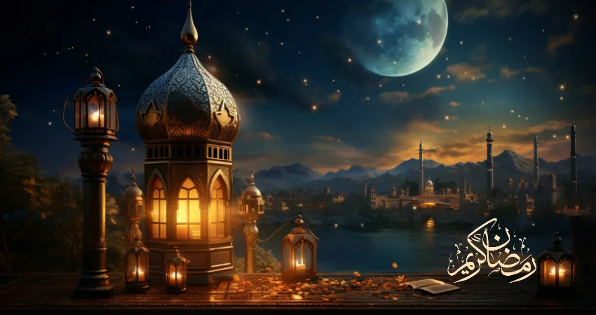 يُظهر مشهد رمضان كريم فانوسًا مضاءً ومنظرًا لمدينة تحت سماء الليل. كُتب نص عربي بخط مزخرف يقول "رمضان كريم".