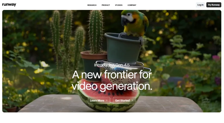 صورة لموقع ويب، تظهر في المنتصف بطيخ مقطوع، يعلوه مصفاة معدنية، ثم دلو بلاستيكي رمادي، و أخيراً ببغاء ملون يقف على الدلو. إلى جانب البطيخ يظهر نبات صبار في وعاء طيني. خلفية الصورة عبارة عن حديقة خضراء مشوشة، مع تركيز خفيف على النباتات. النص الظاهر في الأسفل هو "A new frontier for video generation." و "Learn More" و "Get Started" كأزرار. الإضاءة طبيعية، تخلق جوًا من الدفء والبهجة. من الأعلى تظهر كلمة "runway" باللون الأسود. الألوان متنوعة، مع وجود ألوان زاهية في الببغاء والبطيخ. النمط عام، حيث يهدف إلى جذب الانتباه إلى المنتج.