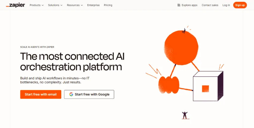 منظر لواجهة ويب "Zapier". في الجزء العلوي، توجد قائمة التنقل مع شعار "Zapier" باللون الأسود. النص الرئيسي في المنتصف، مكتوب بخط أسود كبير: "The most connected AI orchestration platform". يوجد أدناه نص أصغر يصف المنتج، ويزعم "بناء وتسليم سير عمل الذكاء الاصطناعي في دقائق — لا توجد اختناقات تكنولوجيا المعلومات، ولا تعقيد. مجرد نتائج". تحت النص، هناك زران برتقاليان، أحدهما بعنوان "Start free with email" والآخر "Start free with Google". على الجانب الأيمن، صورة توضيحية تجريدية، تتكون من شكل برتقالي دائري يمثل رأساً، متصلة بخطوط برتقالية وأذرع بكتلة بيضاء مربعة بها مربع برتقالي صغير. هناك أيضًا شكلان صغيران على شكل عصا يمثلان شخصين. الخلفية بيضاء سادة. الإضاءة طبيعية، مع لون برتقالي مهيمن في الرسوم التوضيحية، مما يخلق إحساسًا بالحيوية والاتصال. النمط عصري وبسيط، مع التركيز على الوضوح وسهولة الاستخدام.