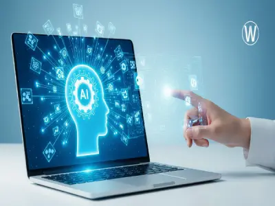 شاشة كمبيوتر محمول مفتوحة في منتصف الصورة، تعرض صورة لرأس بشري مضاءة باللون الأزرق، يحيط بها تصميمات هندسية مضيئة. على الشاشة كلمة "AI" داخل تروس. تظهر يد بشرية في الزاوية اليمنى من الصورة، تلمس شاشة شفافة، مما يوحي بالتفاعل