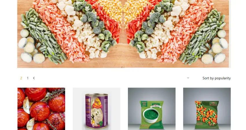 صورة من موقع إلكتروني تعرض عرضًا متماثلًا للخضراوات من الأعلى، وأربع صور مصغرة لمزيد من المنتجات. يتضمن النص "2 1