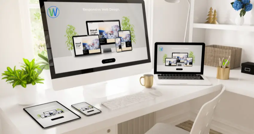 في الصورة، مشهد لسطح مكتب نظيف وعصري مضاء جيدًا. يظهر جهاز كمبيوتر Apple iMac كبير في المقدمة، يعرض تصميمًا مستجيبًا لموقع ويب. يتم تمثيل تصميم الموقع الإلكتروني نفسه على أجهزة أخرى مثل جهاز لوحي وهواتف ذكية وكمبيوتر محمول.